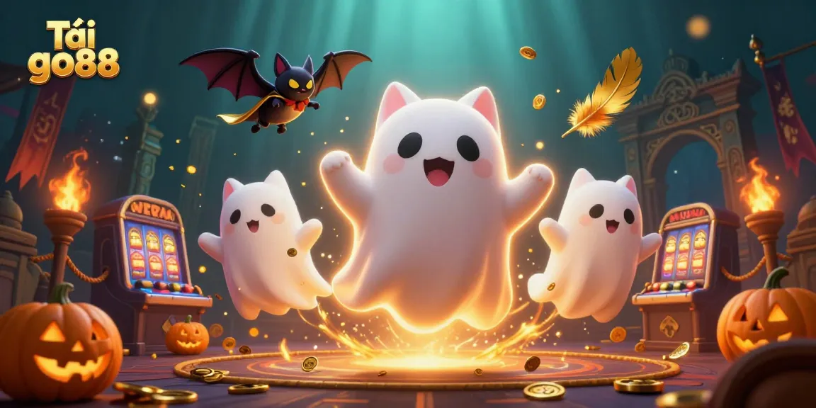Tải go88 with a ghost cat and vampire bat in a haunted casino filled with glowing poker-themed jack-o-lanterns.