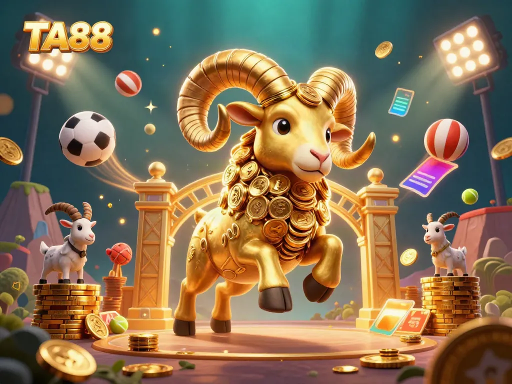 Witness TA88 in action, as a golden ram charges through a vibrant casino scene filled with games.