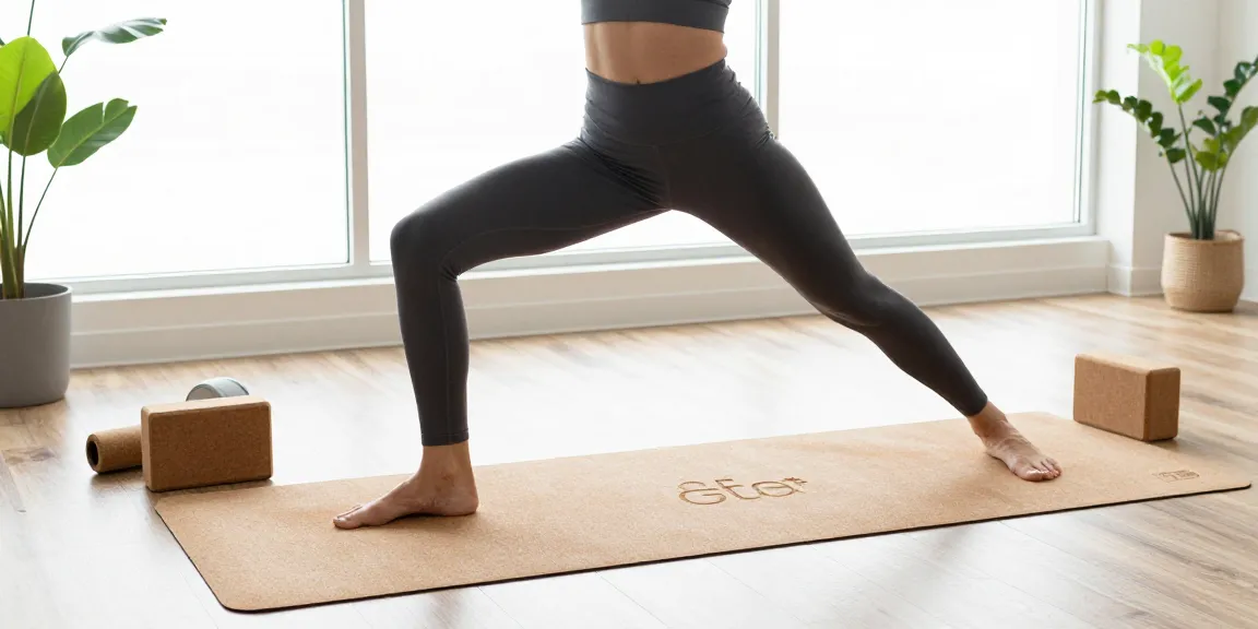 Personalized cork yoga mat in use, showcasing unique engravings in a bright studio, embodying sustainability and style with Yogamatte Kork personalisiert.