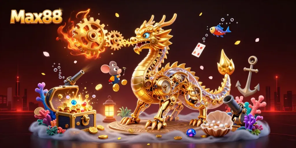 Experience thrilling online games with Max88, featuring a golden dragon, treasure, and captivating animations.