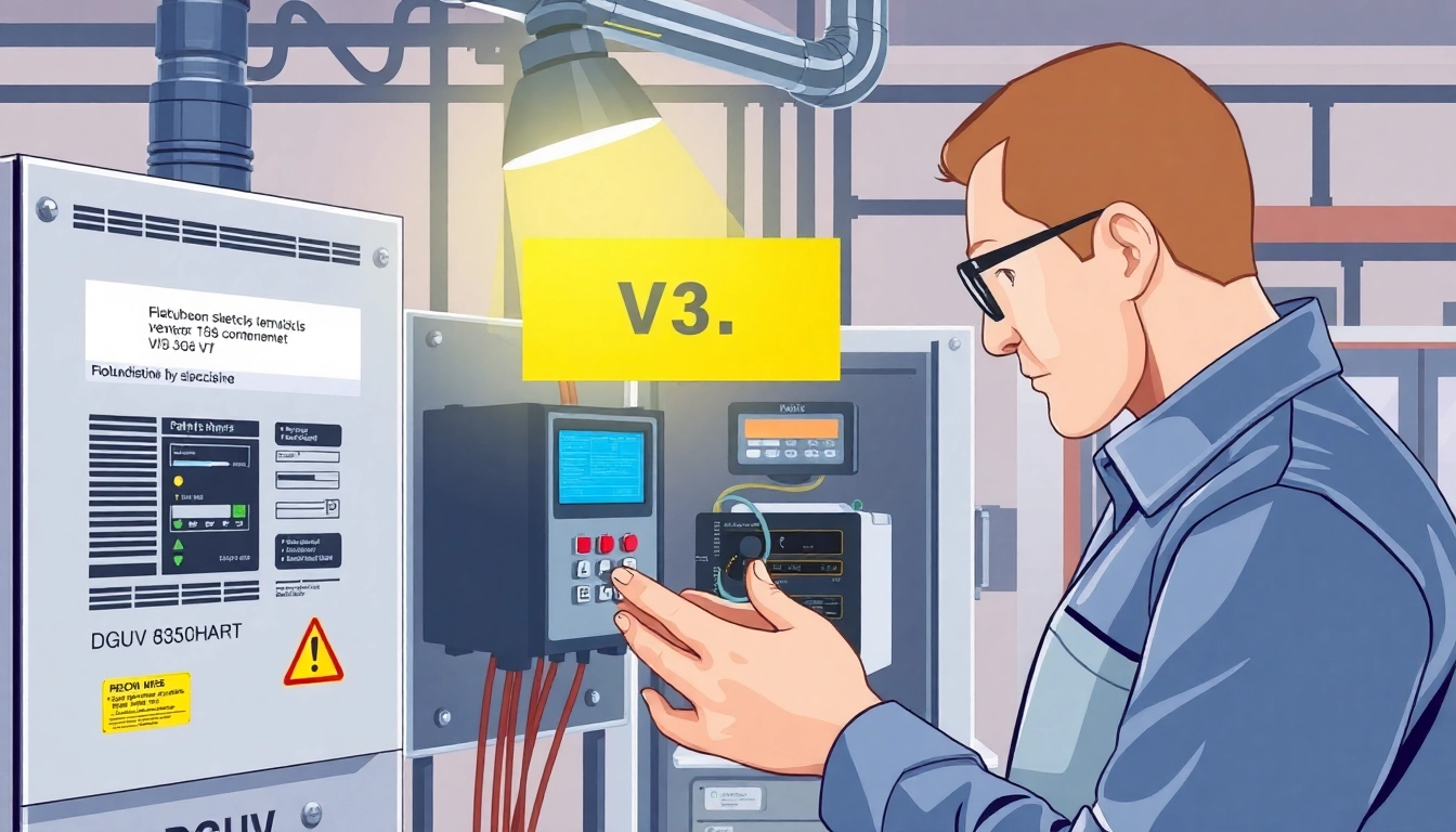 Technician conducting a DGUV V3 Prüfung on an electrical device to ensure workplace safety.