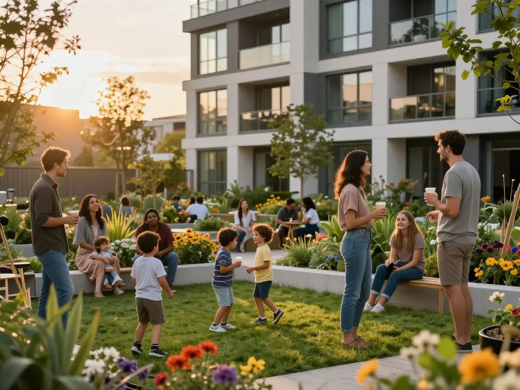 Community engagement at five88 housing development with residents enjoying sunset