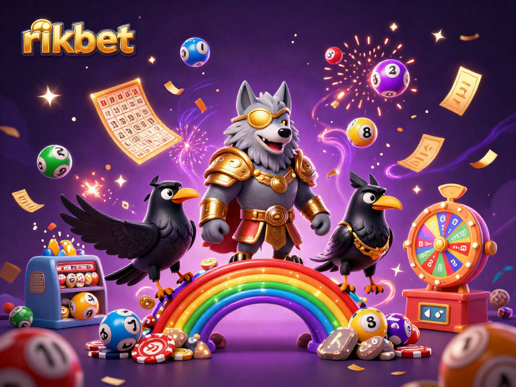 rikbet showcases a vibrant casino scene with Odin wolf, lottery balls, and celebratory elements.