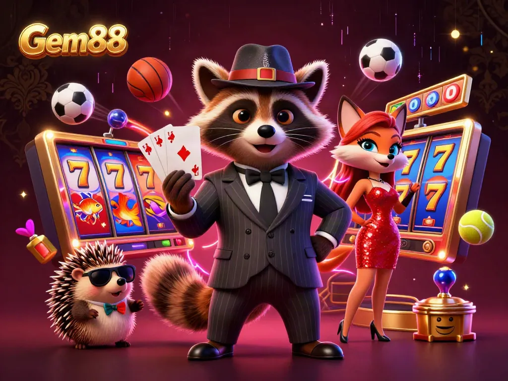 Experience thrilling slots at Gem88 with a charming raccoon, fox, and hedgehog in a vibrant casino scene.