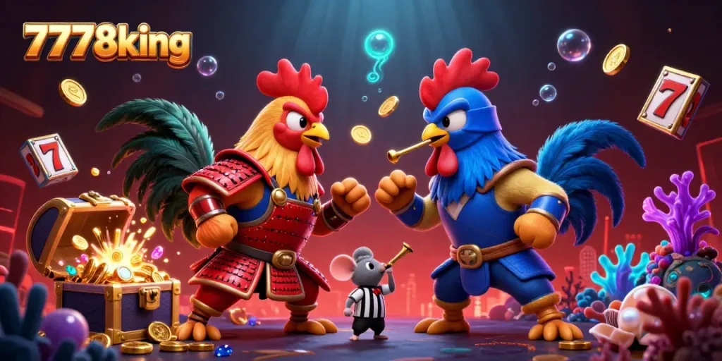 Experience the thrilling standoff with the 7778king roosters in a vibrant casino atmosphere.