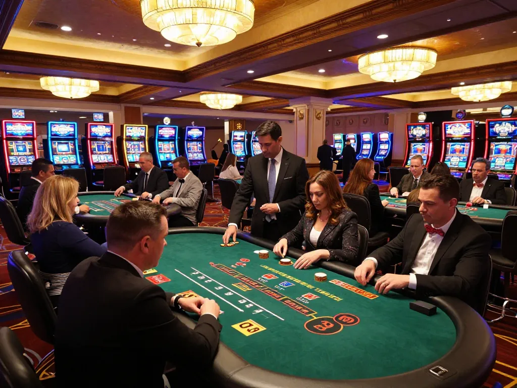 Players engaging in blackjack at a lively casino floor while experiencing MB66 gaming excitement