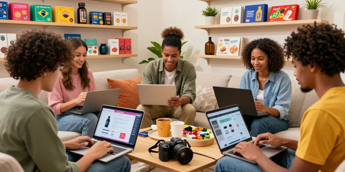 Lebendige Online-Shopping-Szene mit bunten Produkten auf Laptops und Tablets, die die Interaktion mit brasilianischen Waren zeigen.