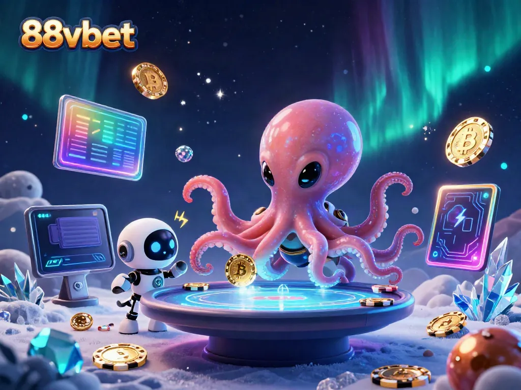 Engage with 88vbet's thrilling poker experience where a cartoon alien octopus operates a holographic table amidst vibrant cosmic elements.
