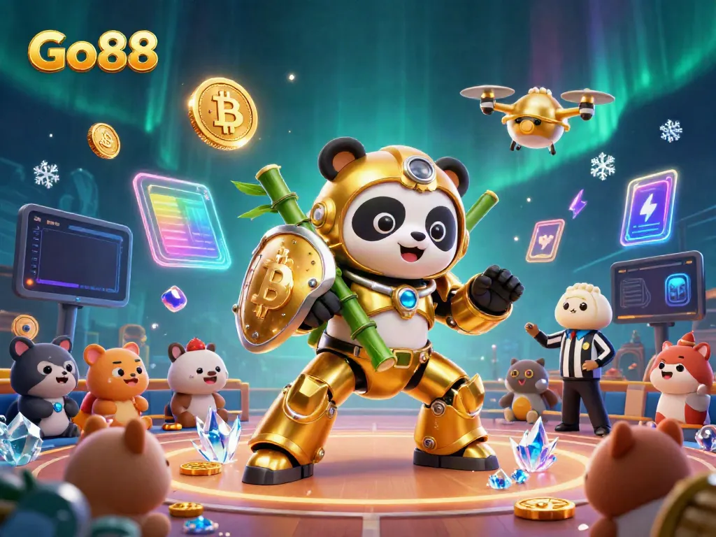Experience thrilling action with Go88 as a golden panda leads a mech battle in a vibrant digital casino arena.