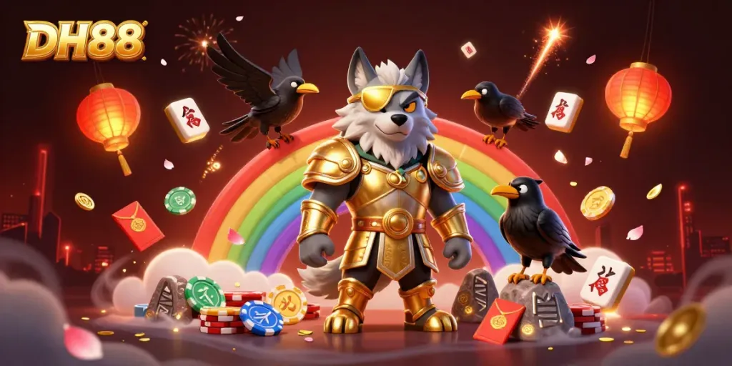 Engage with DH88 as a 3D Norse-themed illustration showcases a casino scene with vibrant characters and elements.