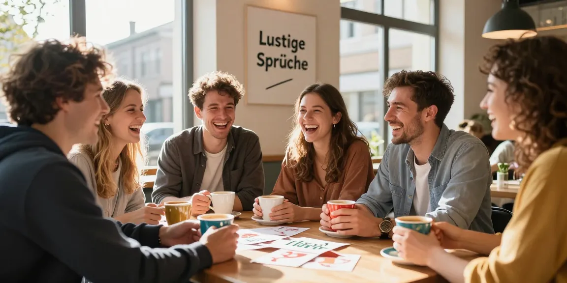 Lustige Sprüche und fröhliche Freunde bei einem morgendlichen Kaffeetrinken.