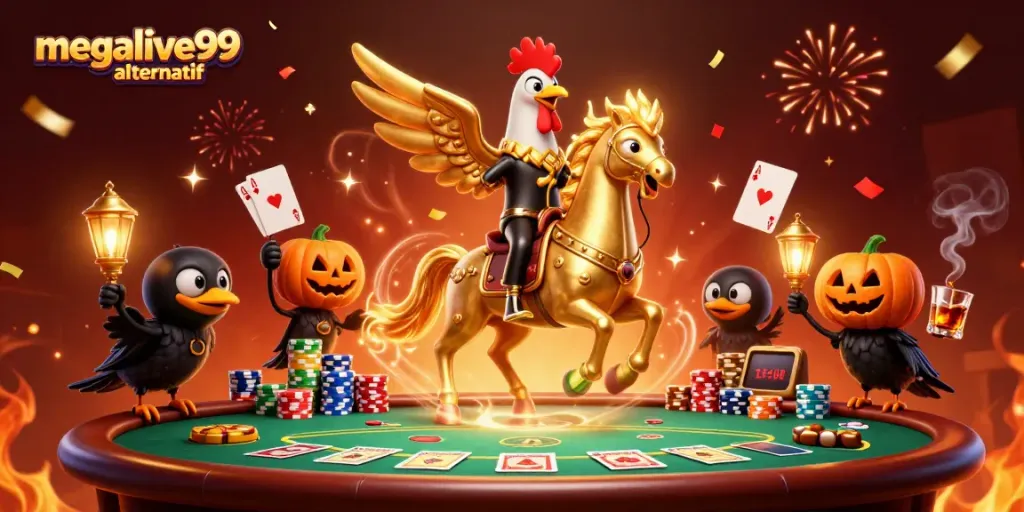 Megalive99 alternatif, taruhan kasino yang meriah dengan hiasan karakter dan permainan kartu yang menawan.