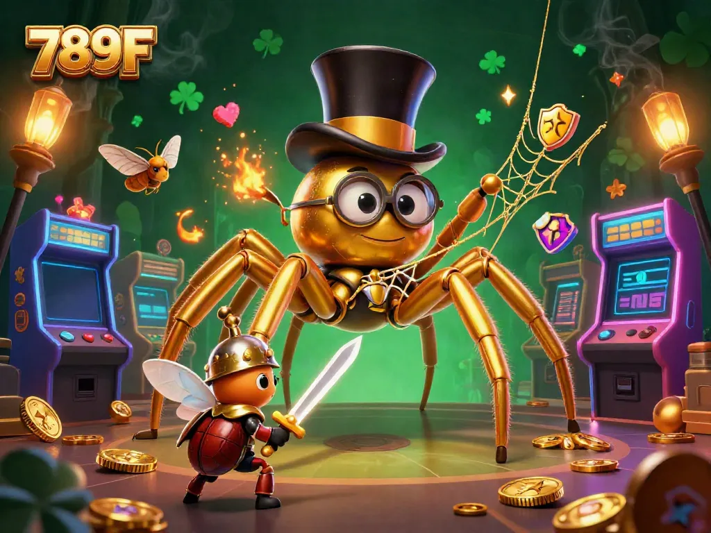 Witness the thrilling 789F casino world through a golden tarantula and brave knight in this vibrant scene.