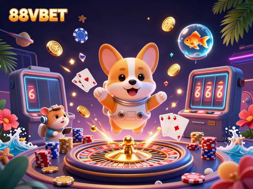 Experience exciting gameplay at 88VBET with a floating astronaut corgi and dynamic casino elements.