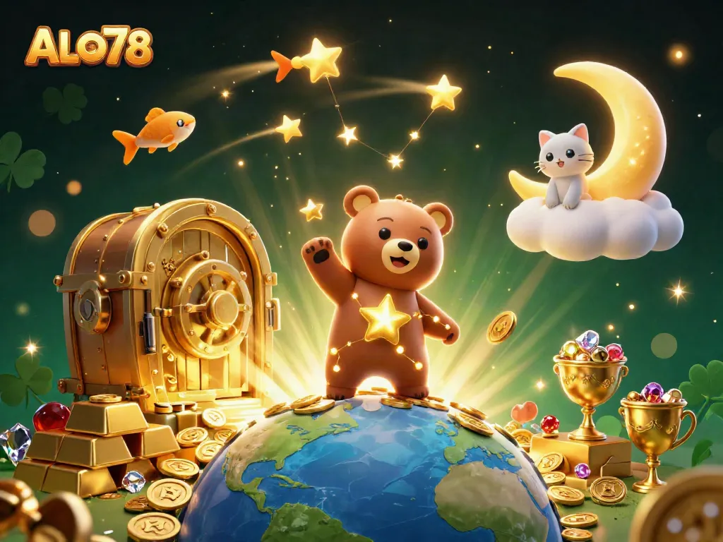 Experience ALO78's vibrant gaming world with a celestial bear and treasure elements.