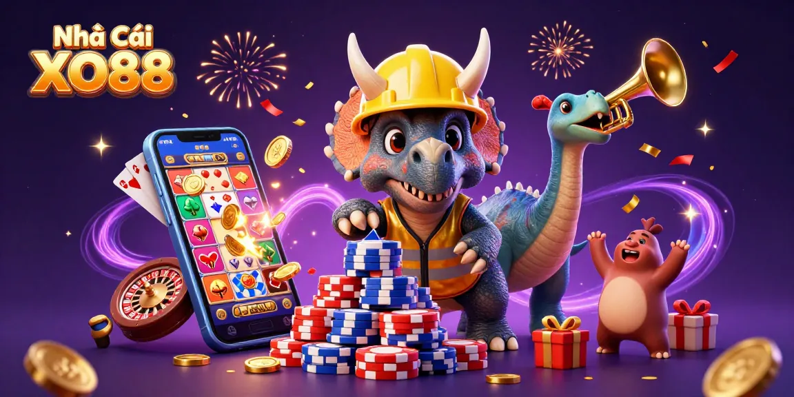Experience immersive gaming with Nhà Cái XO88 as a triceratops builds a poker chip pyramid in vibrant celebration.