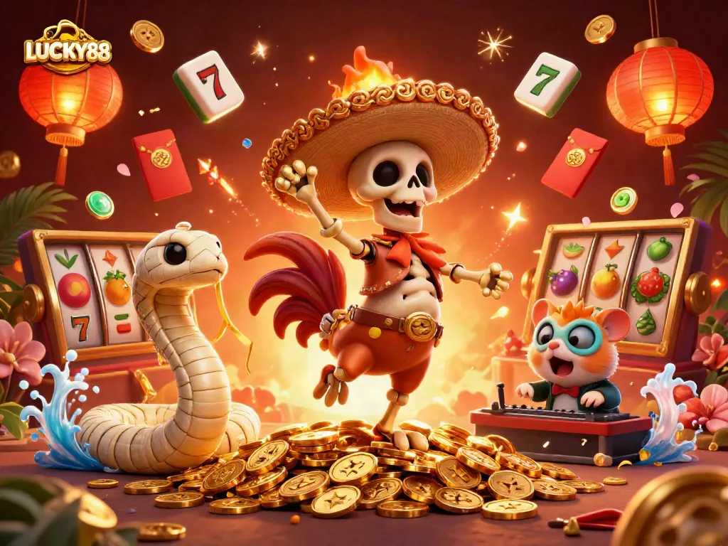 Experience the excitement of LUCKY88 with vibrant casino characters amidst colorful slot game elements.