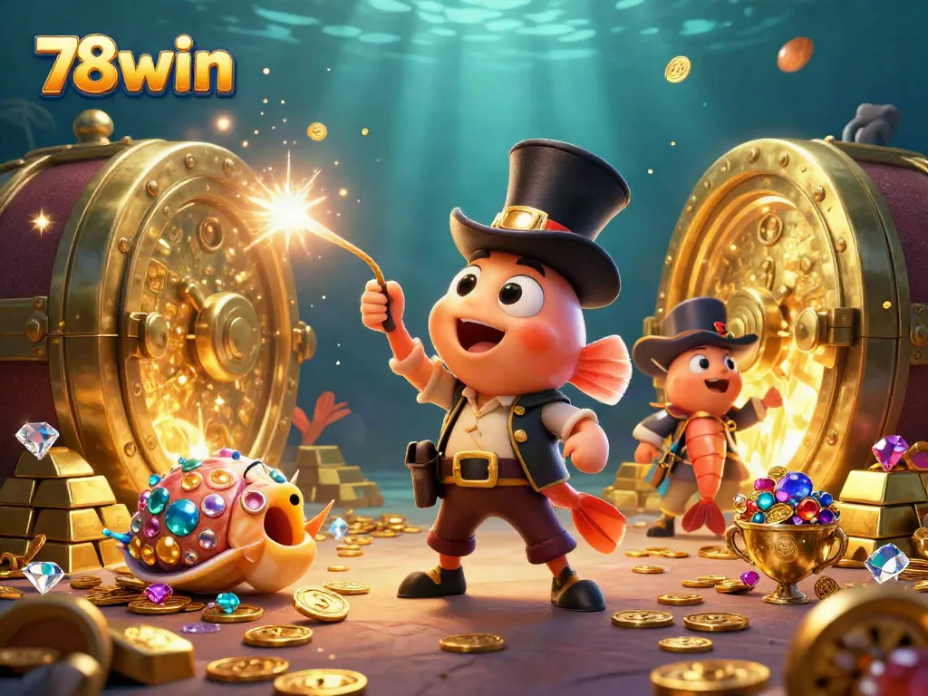 Engage in the vibrant world of 78win, showcasing deep-sea characters and treasures in a casino setting.