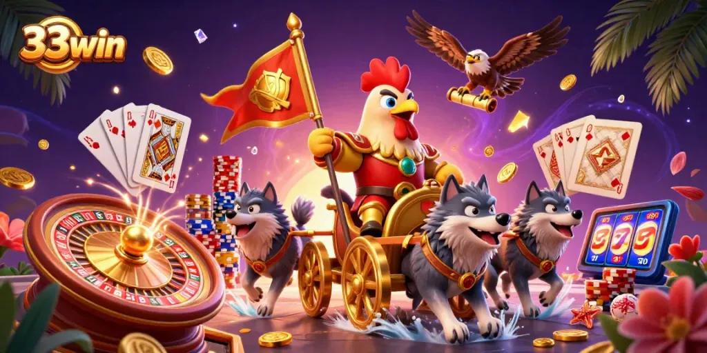 Spin your fortune at 33win with vibrant casino elements and a thrilling scene!