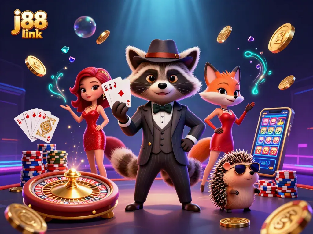 Win big with j88 link while playing cards in an exciting, vibrant casino illustration.