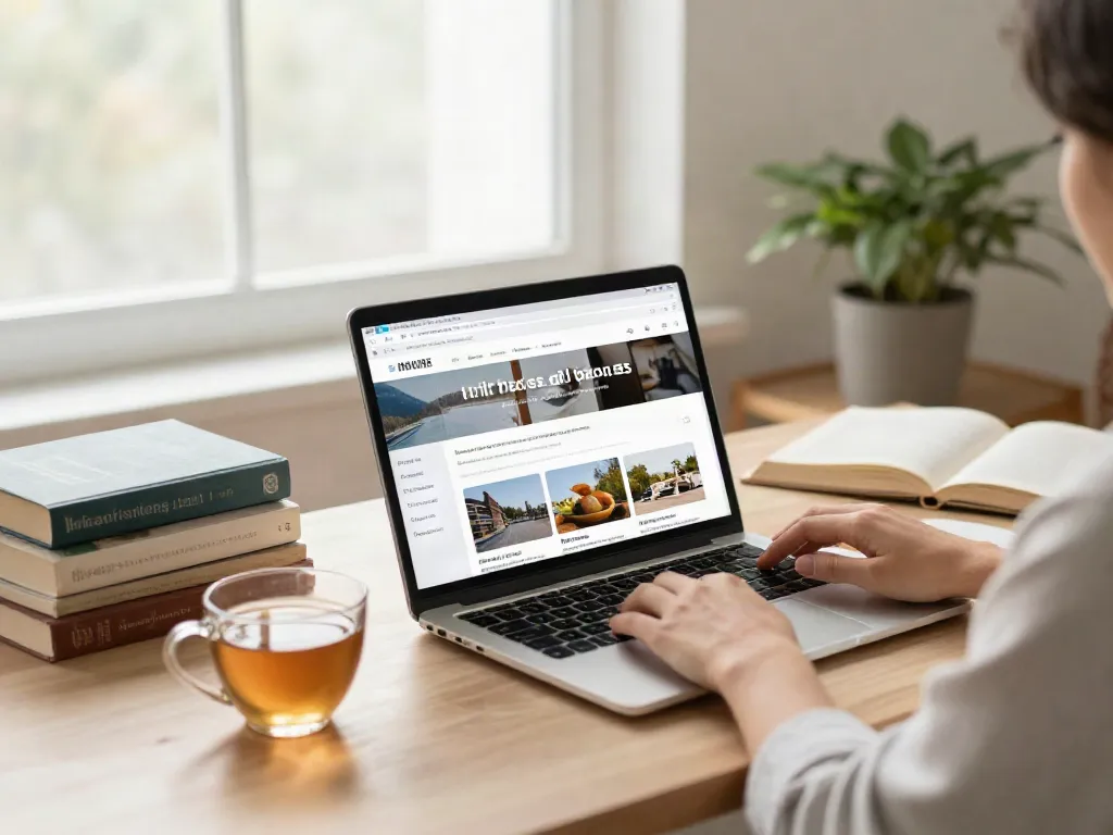 Beliebte Blogs im heimischen Büro, Person liest am Laptop mit einer Tasse Tee.