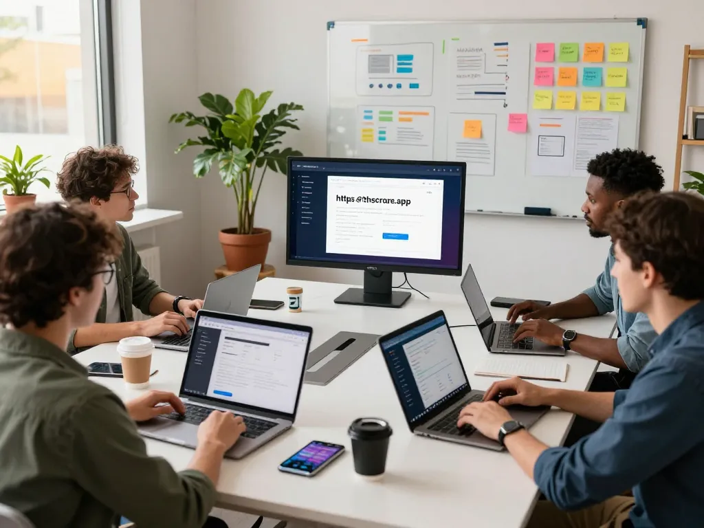 Innovative app development team collaborating on https://thscrore.app/ interface design in a modern workspace.