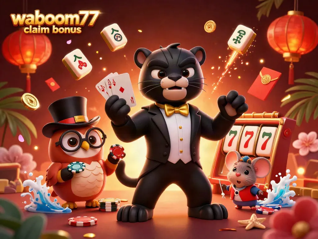 Win big while playing at Waboom77 claim bonus featuring a black panther, owl, and lucky mouse in a vibrant casino