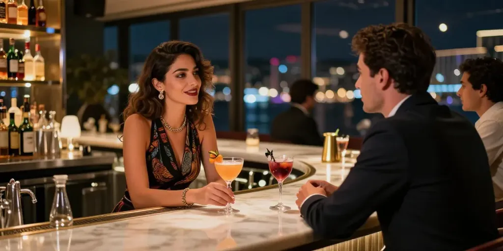 Elegant Karşıyaka escort lady at upscale bar, izmir escort bayan scene.