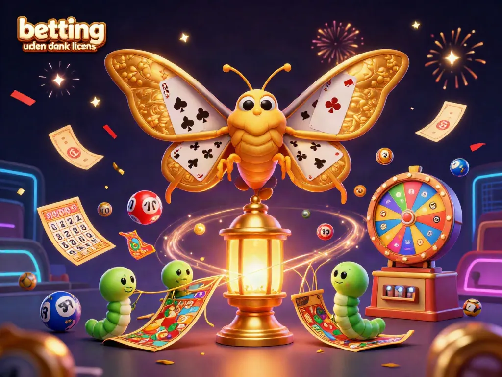 Betting uden dansk licens with an elegant moth illustration amidst casino-themed elements.