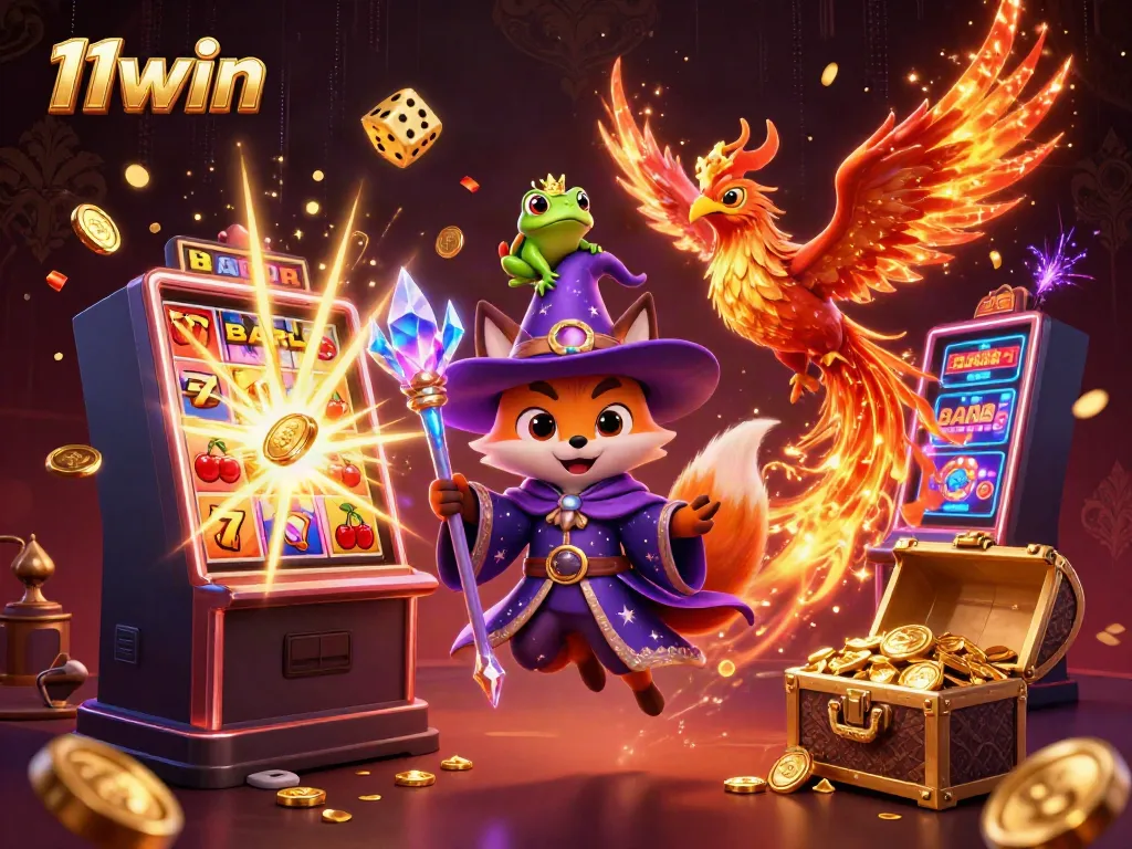 Spin the reels with 11win's engaging 3D casino experience featuring a mystical wizard, phoenix, and vibrant slot machine action.