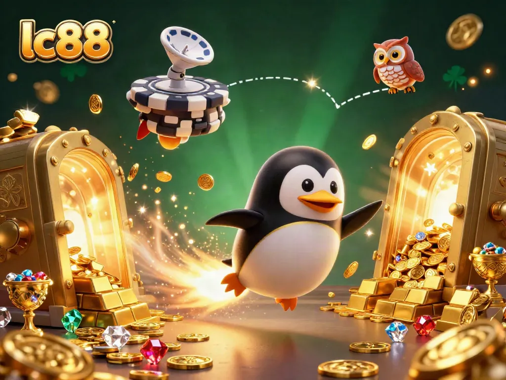 Experience thrilling adventure with lc88, a golden penguin soaring through space toward a vibrant casino chip station.