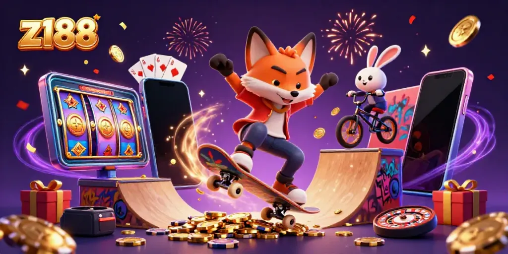 Experience the thrilling world of z188 with cartoon characters engaging in vibrant casino-themed action.