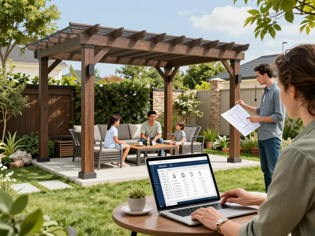 Pergola Konfigurator 3D in einer Gartenumgebung präsentiert, mit einem anpassbaren Pergoladesign und einer Familie, die den Raum genießt.