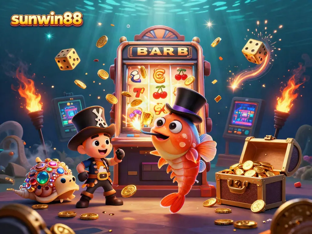 Engage with sunwin88's thrilling slots and jackpots in this vibrant underwater casino scene full of excitement.