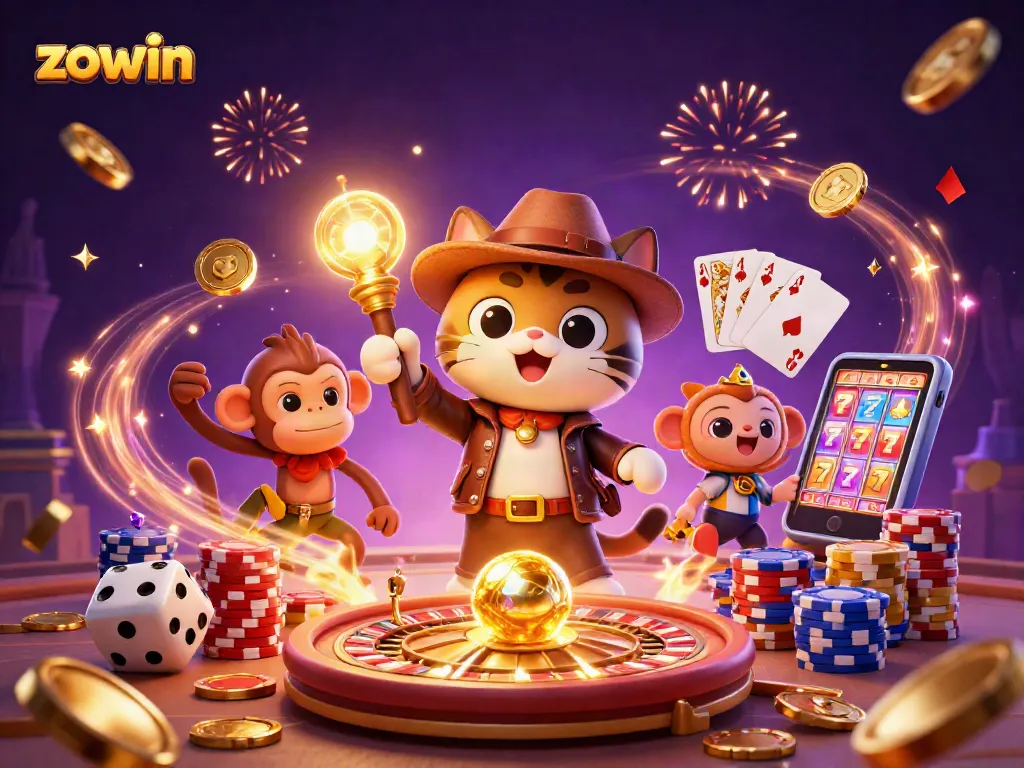 Zowin engages players with vibrant 3D casino games featuring exciting elements like golden coins and roulette wheels.