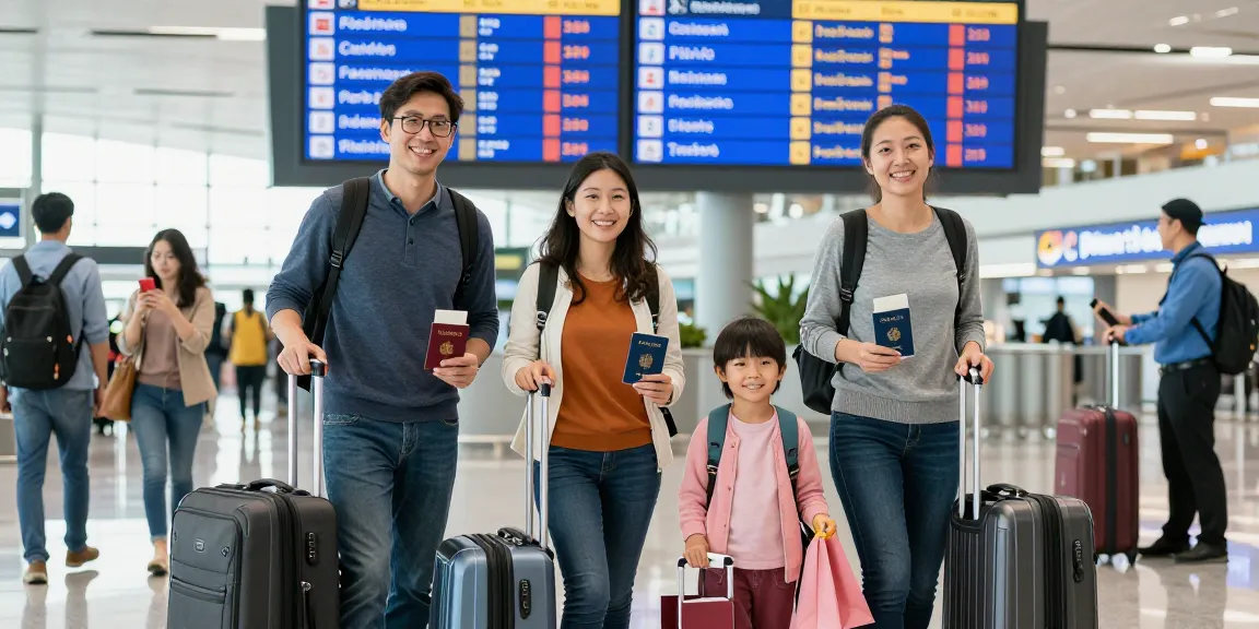 Originalpass mit vollständiger Verifizierung online kaufen, fröhliche Reisende am Flughafen, die ihre echten Pässe zeigen.