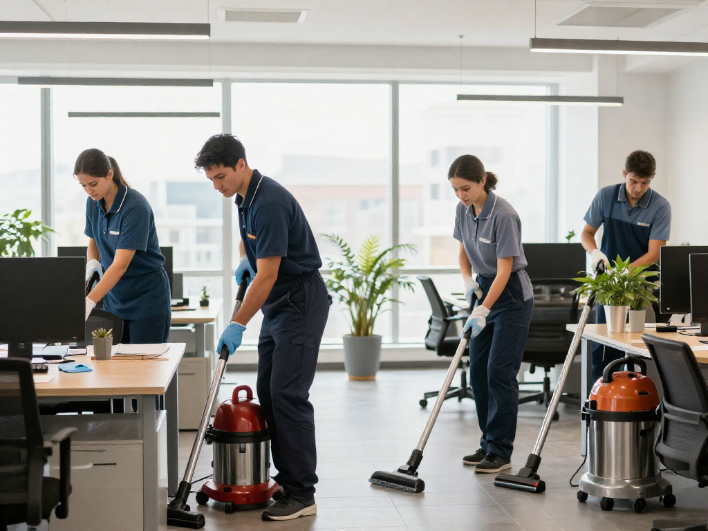 Unterhaltsreinigung Hannover in modernem Büro mit Reinigungsteam bei der Arbeit.