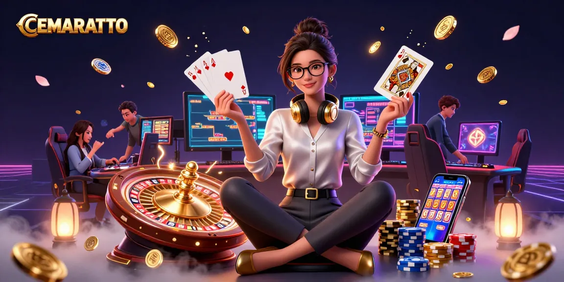 CEMARATOTO offers vibrant gaming experiences; vibrant Asian woman gaming with cascading coins and roulette.