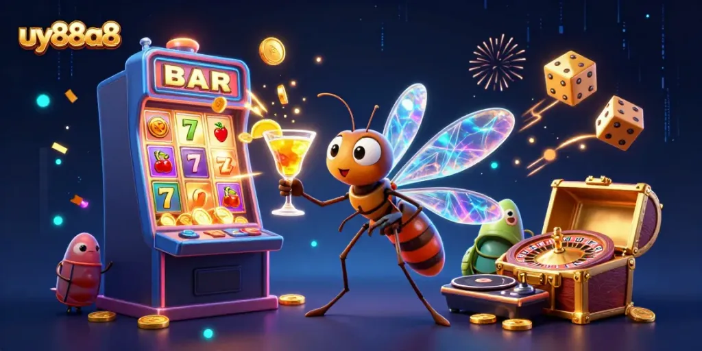 Experience the excitement of uy88a8 with a frozen mosquito casino mascot, a trilobite DJ, and a golden roulette wheel.