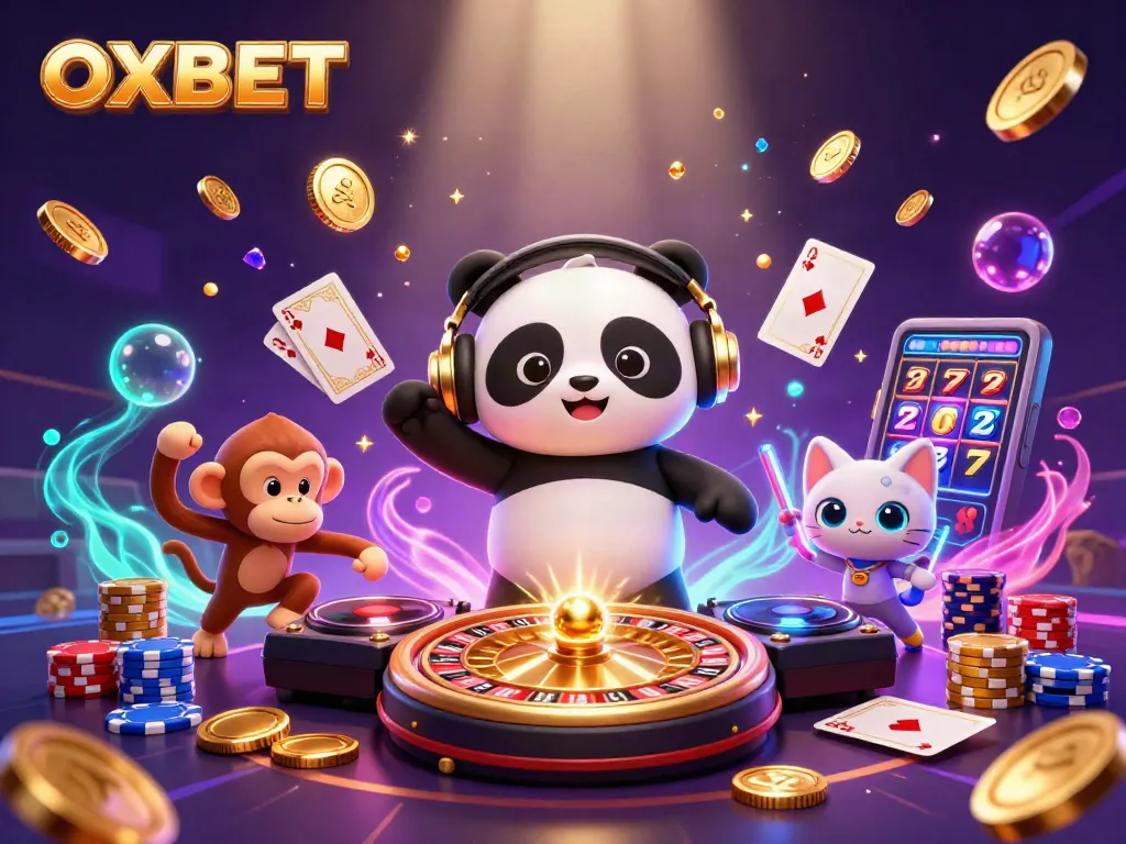 Experience the excitement of OXBET with a vibrant 3D casino illustration featuring playful cartoon characters.