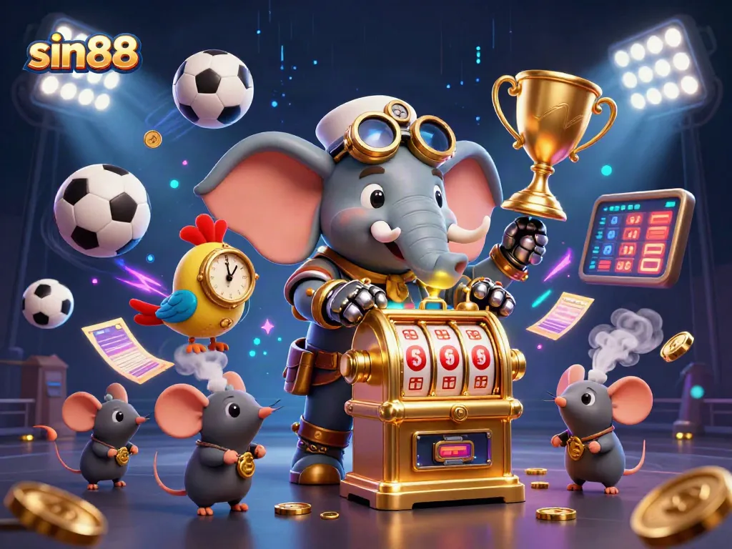 Experience thrilling gameplay at sin88 with a vibrant 3D casino scene featuring steampunk characters and dynamic sports elements.