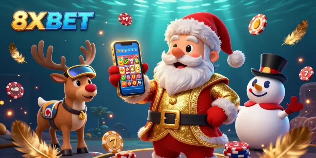 Engage with thrilling jackpots at 8XBET featuring festive characters in a vibrant casino setting.