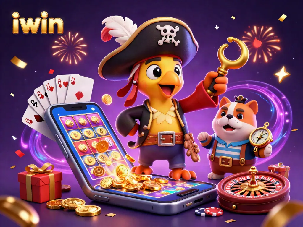 Experience the excitement of iwin games with a vibrant 3D illustration showcasing lively characters and casino elements.