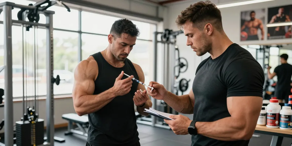 Anabolika Shop: Bodybuilder demonstriert Injektionstechnik für Anabolika mit Sterileinheiten im Gym.