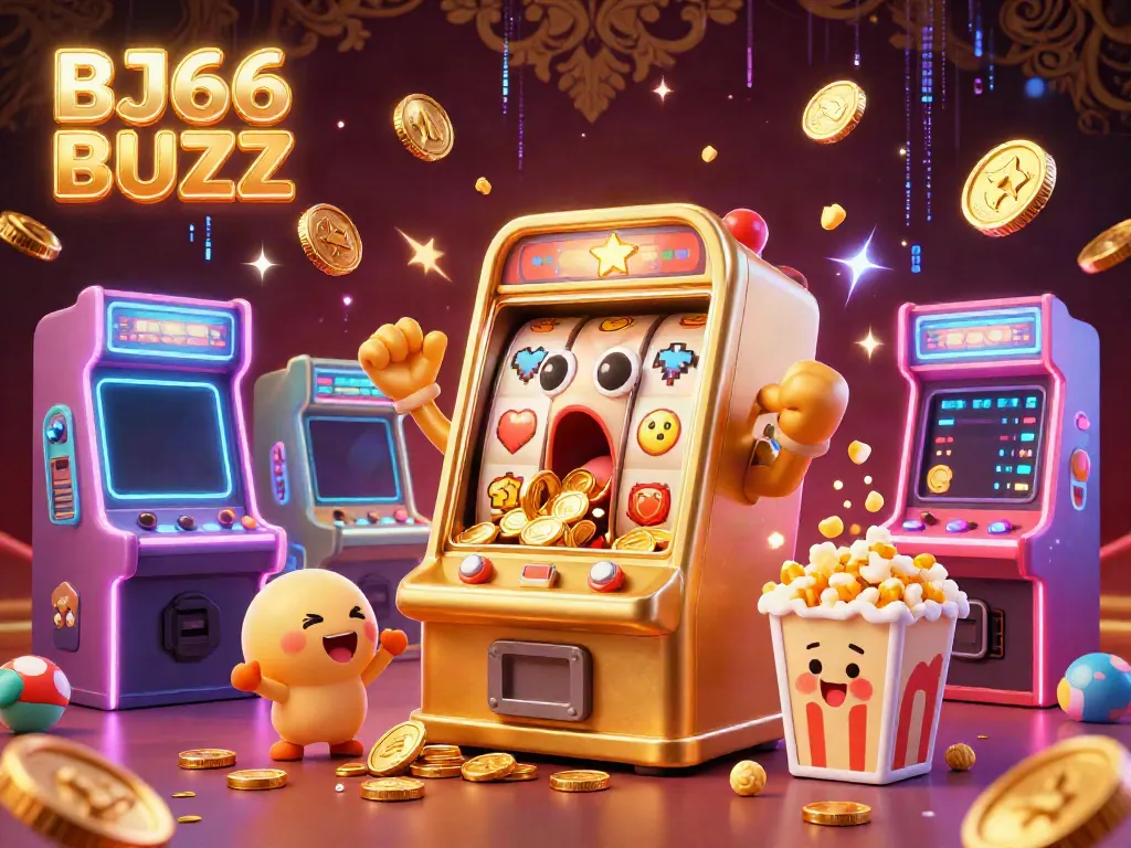 Engaging casino scene with BJ66 BUZZ showcasing a joyful golden slot machine hitting a jackpot amidst cheering mini slot machines.