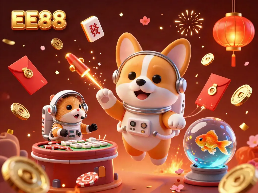 Experience the excitement of EE88's vibrant casino atmosphere with a 3D cartoon astronaut and floating treasures.