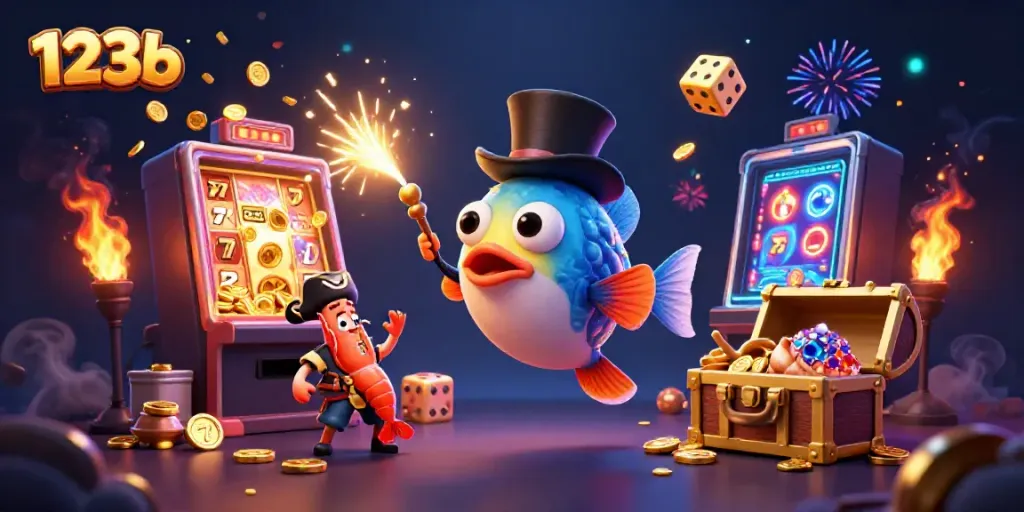 Engage in jackpots with 123b's exciting casino scene, showcasing vibrant characters and gaming elements.