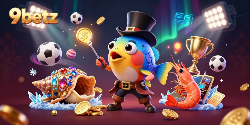 Catch golden coins with 9betz while celebrating wins in this engaging underwater casino scene.