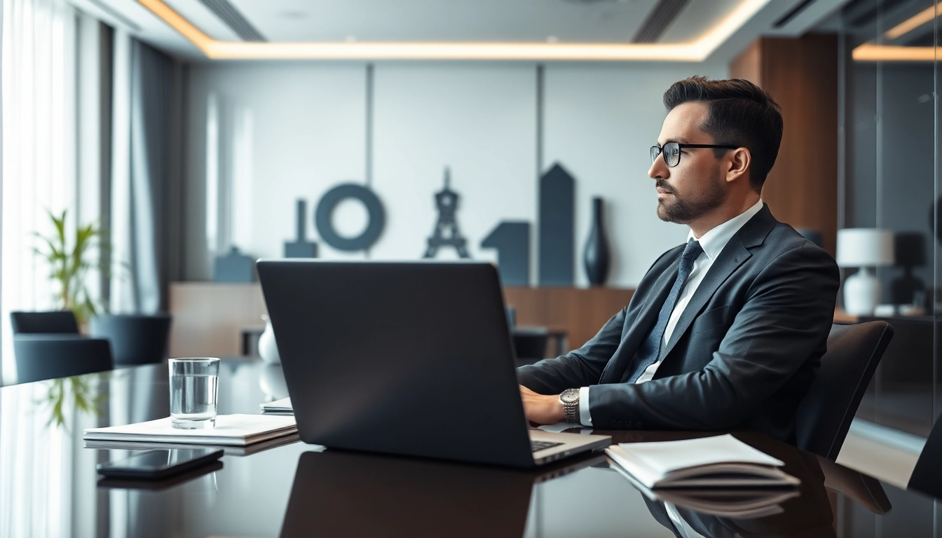 Headhunter bei der Arbeit mit Laptop und Notizen an einem eleganten Bürotisch.