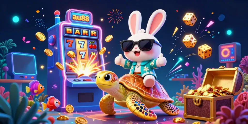Experience fun and excitement at au88 with a vibrant casino illustration filled with lucky charms.